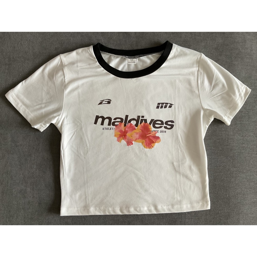 SHEIN Kids Maldives Graphic Ringer Tee White Black Hibiscus Floral Size 11Y